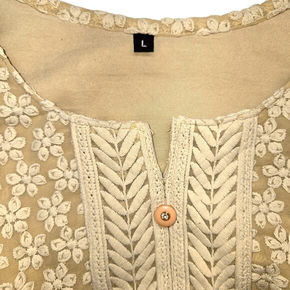 Women's Large Beige Heavily Embordered Long Slit Maxi BOHO Dress Miss Sz 12 14 L - Picture 3 of 6